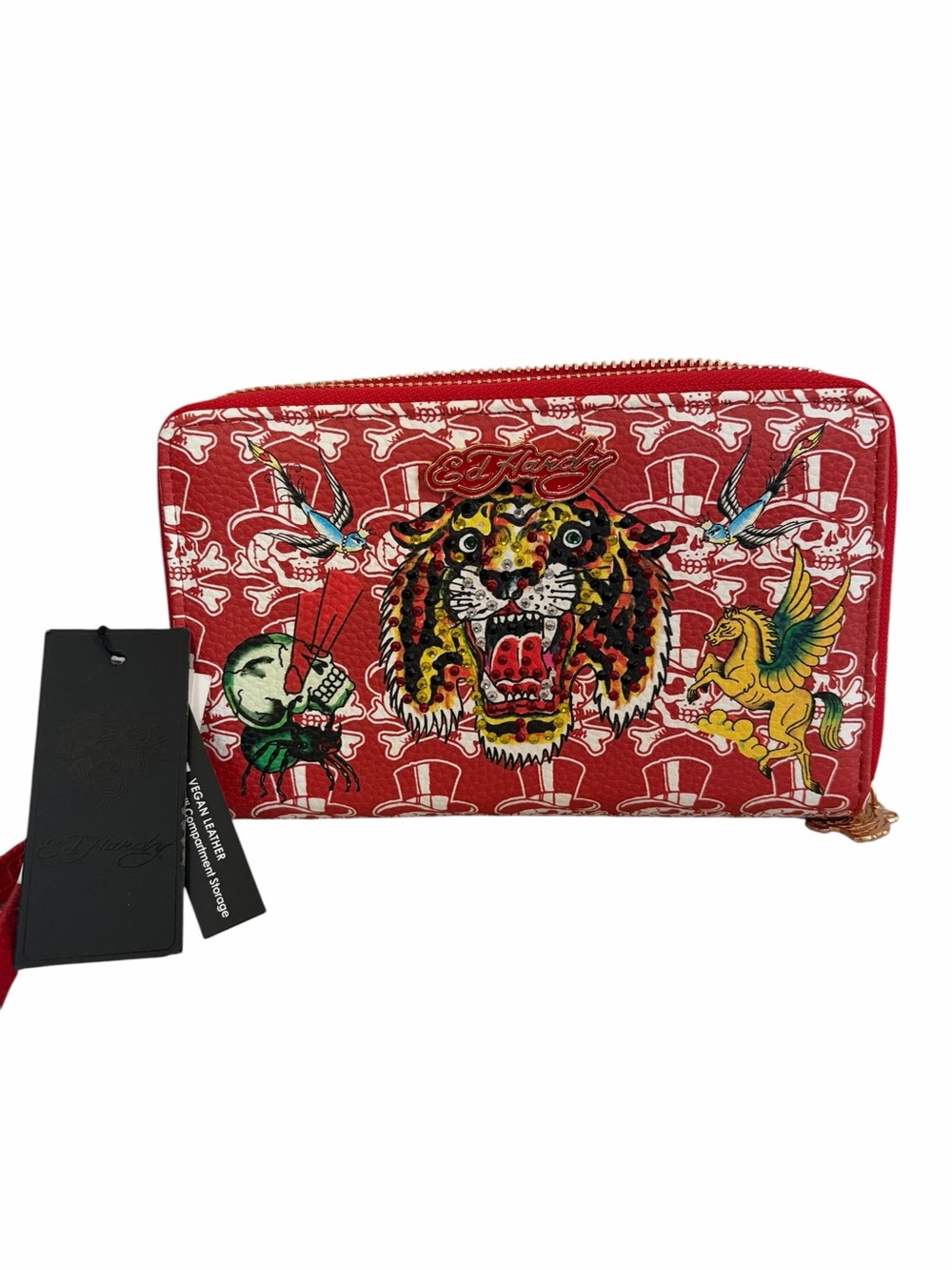 Ed Hardy Red Graphic Growling Tiger Rhinestones Zip-Around Wallet